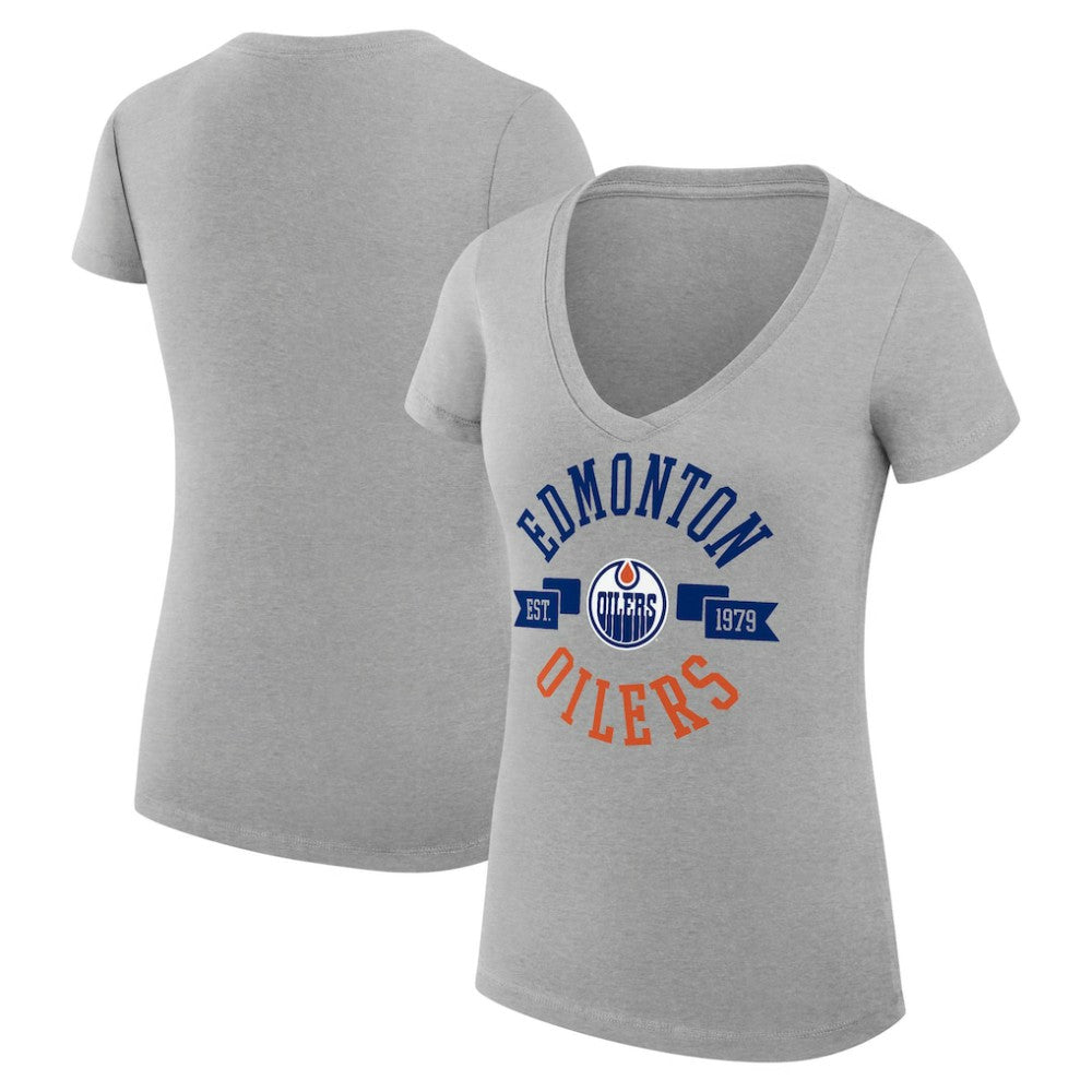 NHL Edmonton Oilers G-III 4Her by Carl Banks Women's Super-Slim Fit Lightweight City Graphic V-Neck T-Shirt - Heather Gray