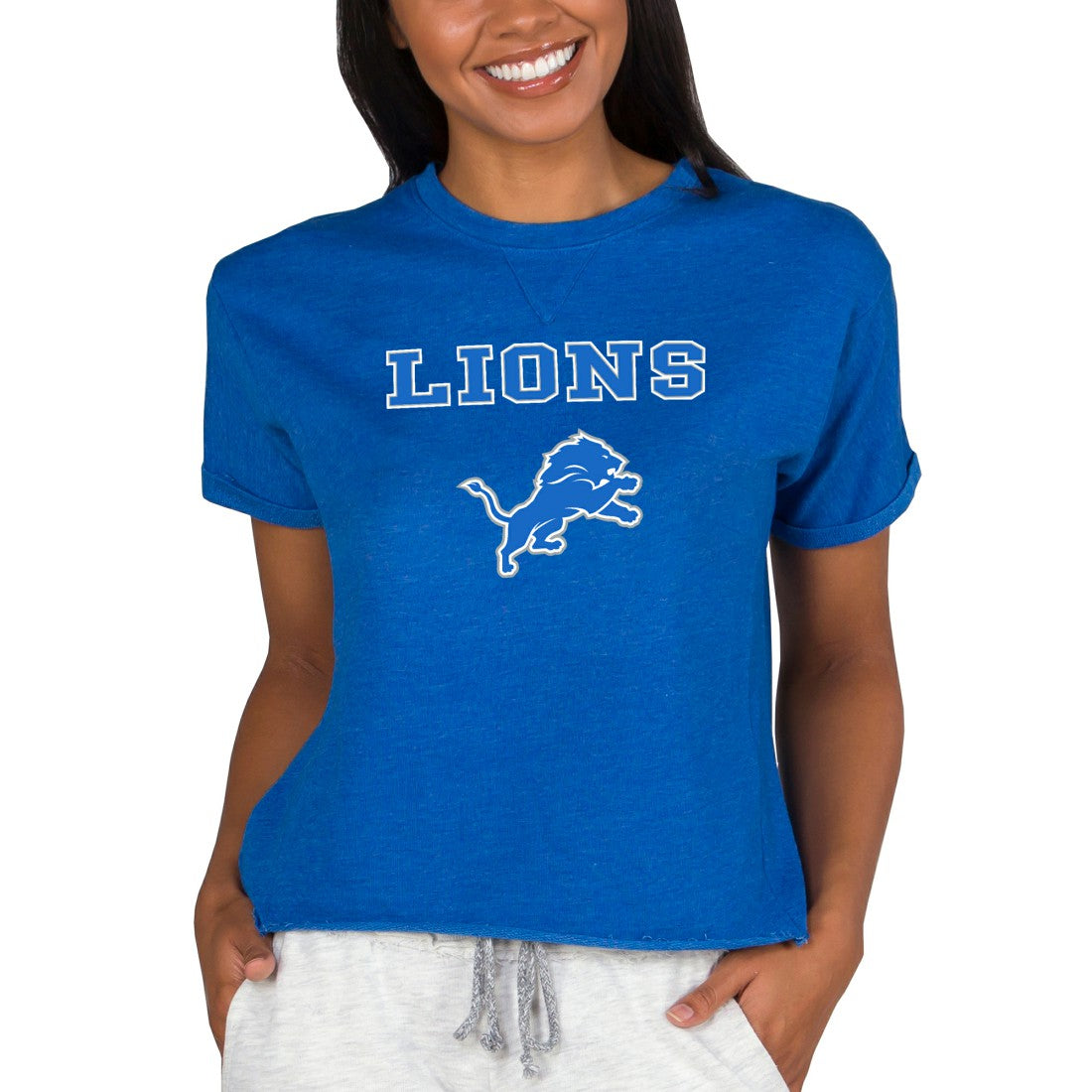 Detroit Lions Concepts Sport Women's Tri-Blend Mainstream Terry Short Sleeve Sweatshirt Top Blue