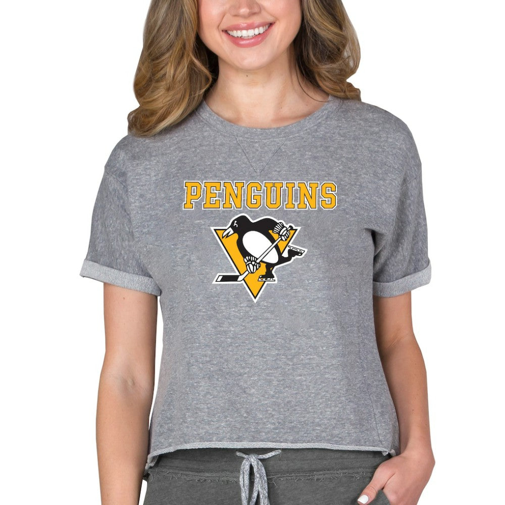 NHL Pittsburgh Penguins Concepts Sport Women's Tri-Blend Mainstream Terry Short Sleeve Sweatshirt Top - Heather Gray