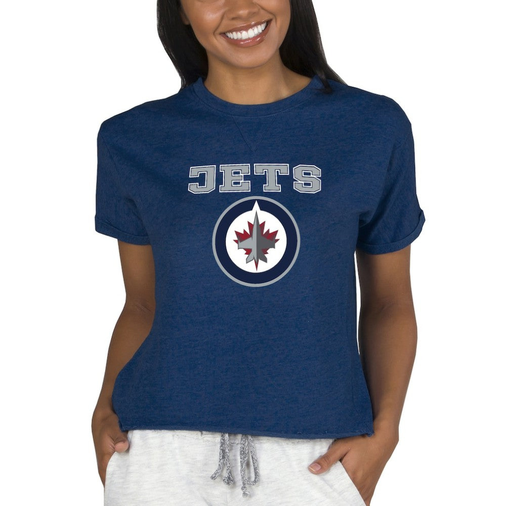 NHL Winnipeg Jets Concepts Sport Women's Tri-Blend Mainstream Terry Short Sleeve Sweatshirt Top - Navy