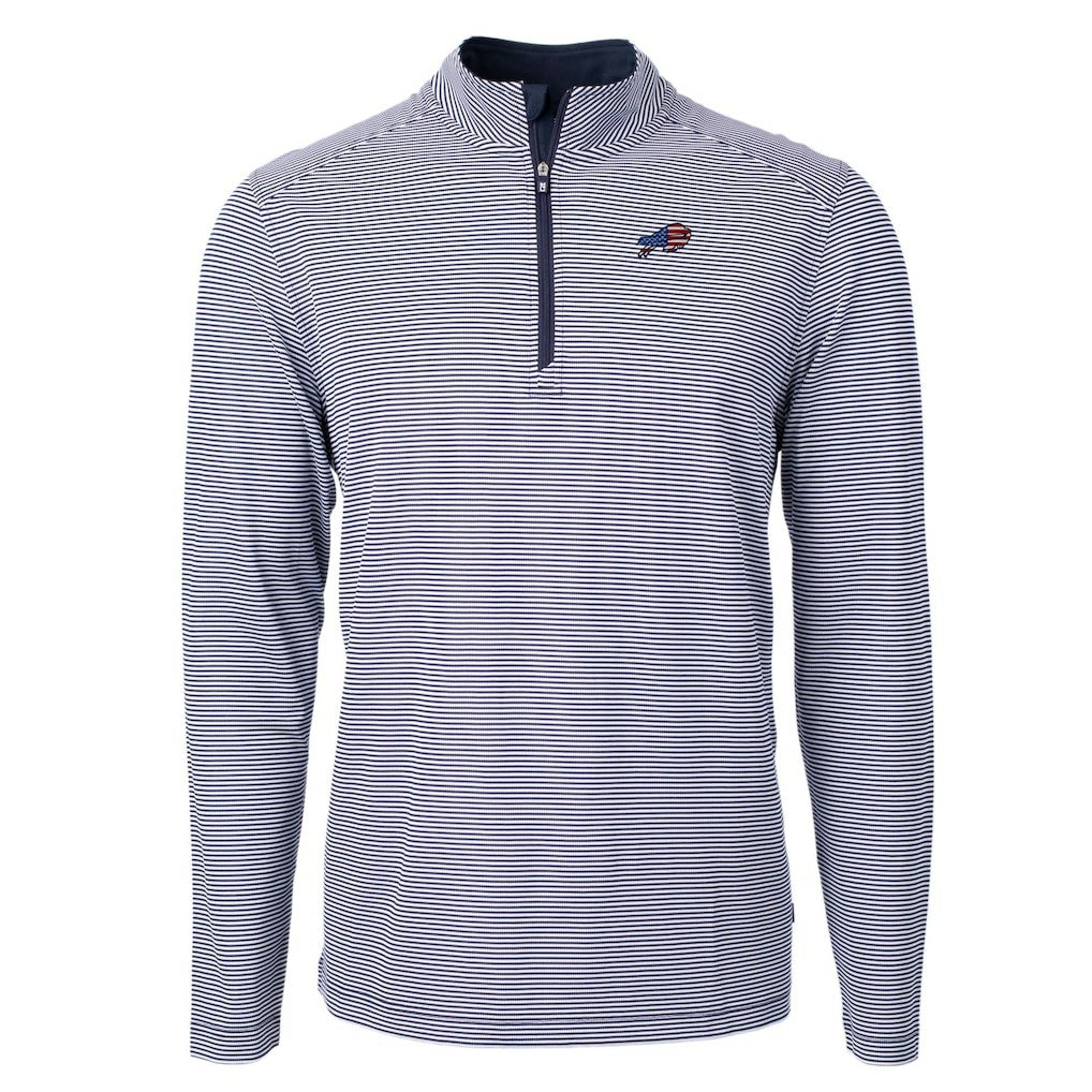 Buffalo Bills Cutter & Buck Virtue Eco Pique Micro Stripe Recycled Quarter-Zip Pullover Top Navy/White
