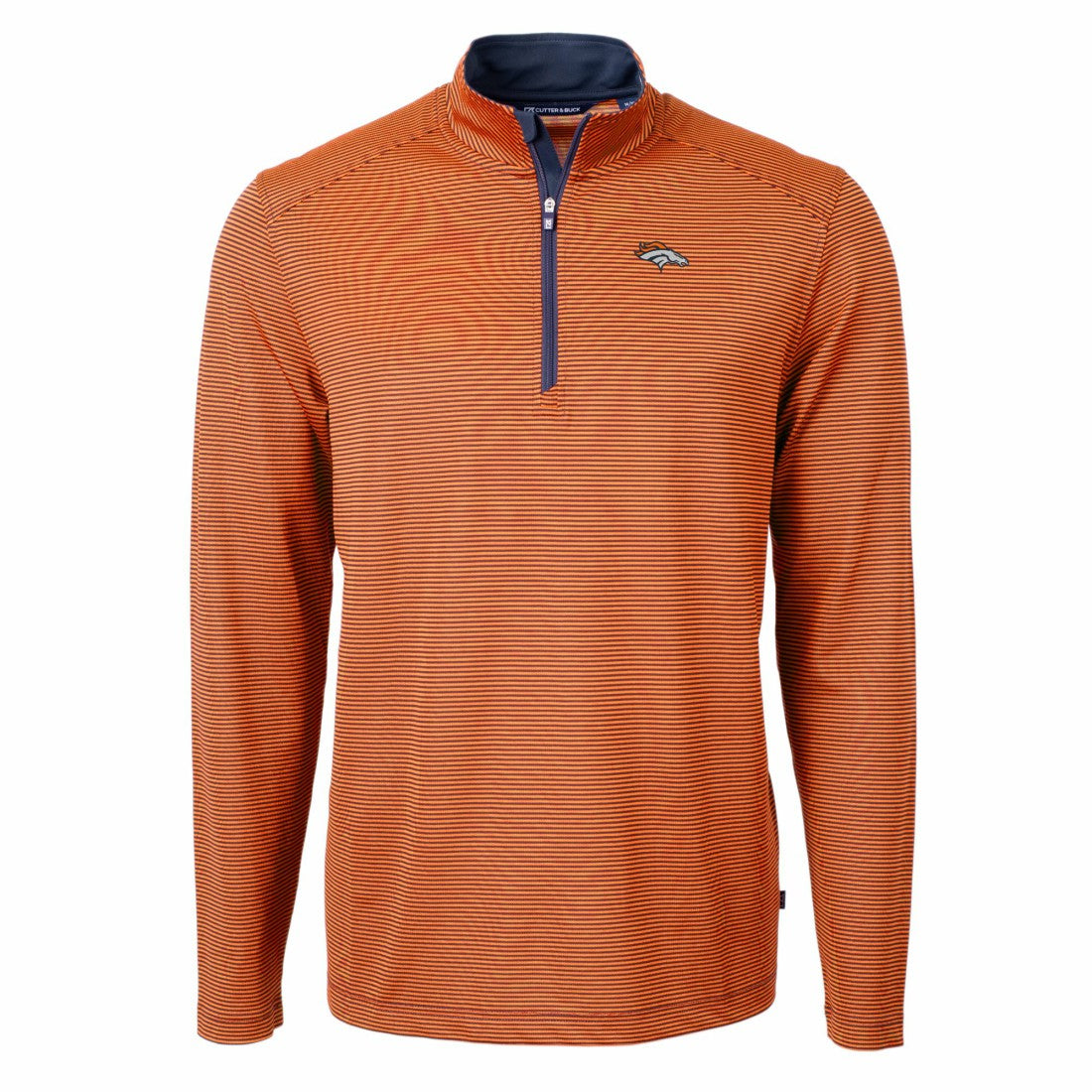 Denver Broncos Cutter & Buck Virtue Eco Pique Micro Stripe Recycled Quarter-Zip Pullover Top Orange/Navy