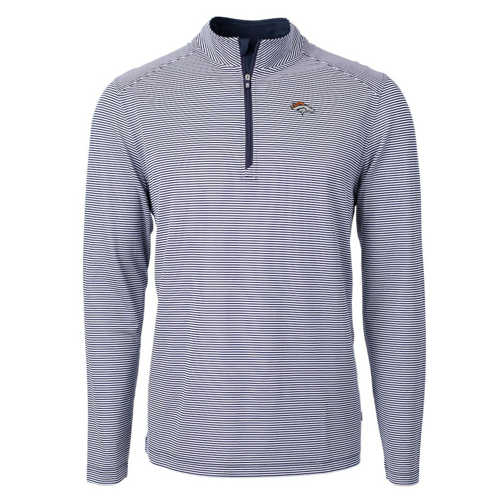Denver Broncos Cutter & Buck Virtue Eco Pique Micro Stripe Recycled Quarter-Zip Pullover Top Navy/White