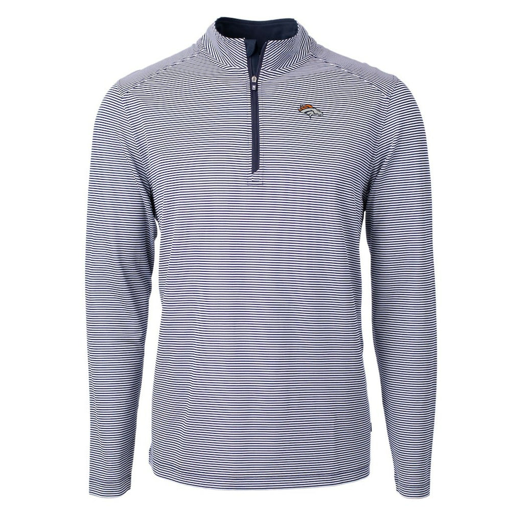 Denver Broncos Cutter & Buck Virtue Eco Pique Micro Stripe Recycled Quarter-Zip Pullover Top Navy/White