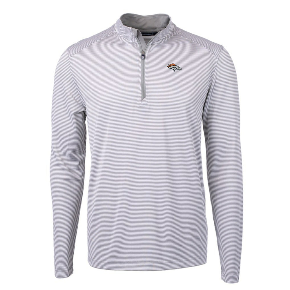 Denver Broncos Cutter & Buck Virtue Eco Pique Micro Stripe Recycled Quarter-Zip Pullover Top Gray/White