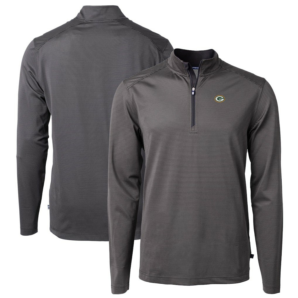 Green Bay Packers Cutter & Buck Virtue Eco Pique Micro Stripe Recycled Quarter-Zip Pullover Top Black/Gray