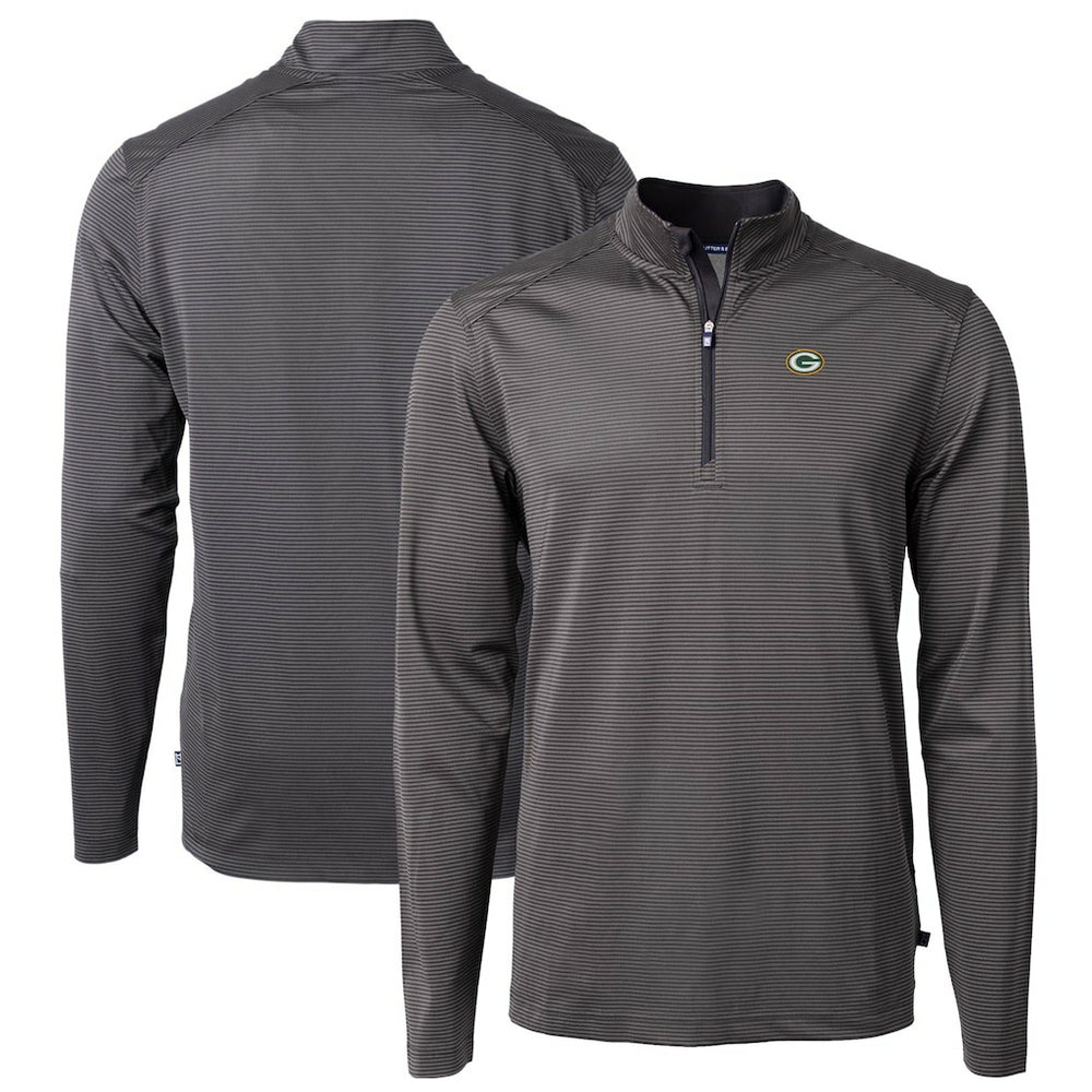 Green Bay Packers Cutter & Buck Virtue Eco Pique Micro Stripe Recycled Quarter-Zip Pullover Top Black/Gray