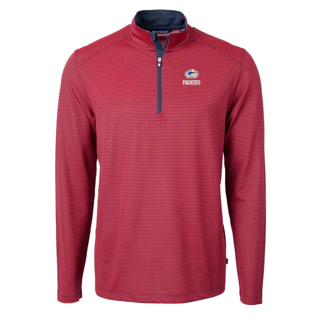 Green Bay Packers Cutter & Buck Virtue Eco Pique Micro Stripe Recycled Quarter-Zip Pullover Top Red/Navy