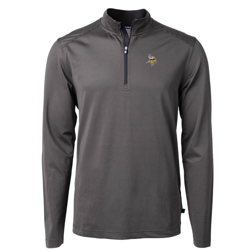 Minnesota Vikings Cutter & Buck Virtue Eco Pique Micro Stripe Recycled Quarter-Zip Pullover Top Black/Gray