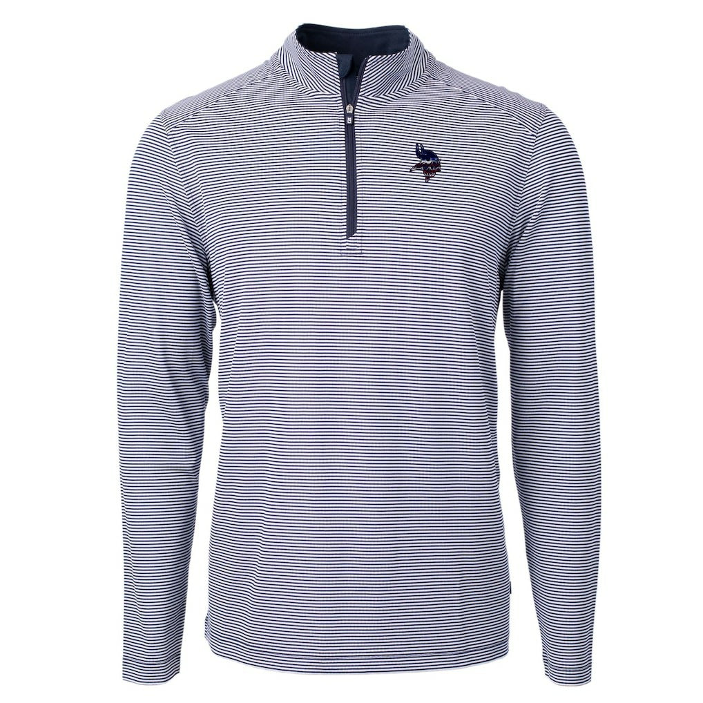 Minnesota Vikings Cutter & Buck Virtue Eco Pique Micro Stripe Recycled Quarter-Zip Pullover Top Navy/White