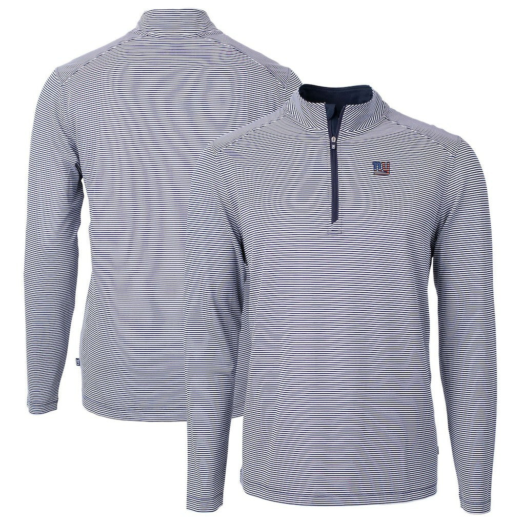 New York Giants Cutter & Buck Virtue Eco Pique Micro Stripe Recycled Quarter-Zip Pullover Top Navy/White