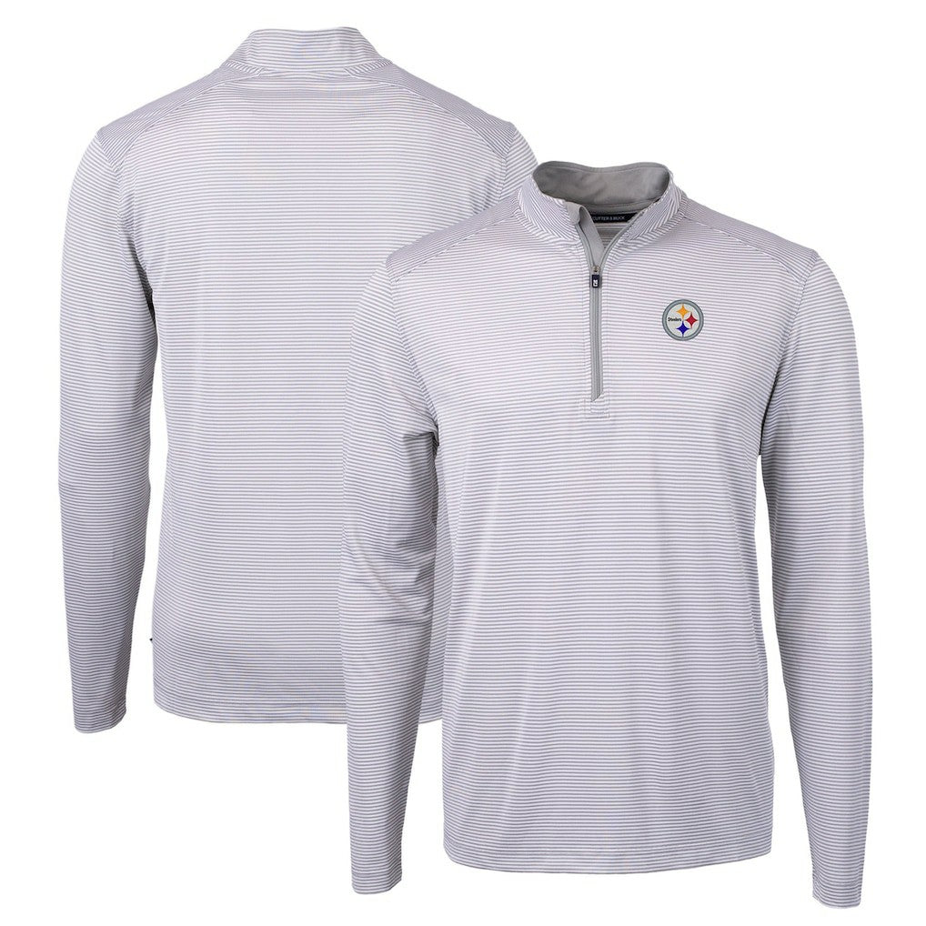 Pittsburgh Steelers Cutter & Buck Virtue Eco Pique Micro Stripe Recycled Quarter-Zip Pullover Top Gray/White