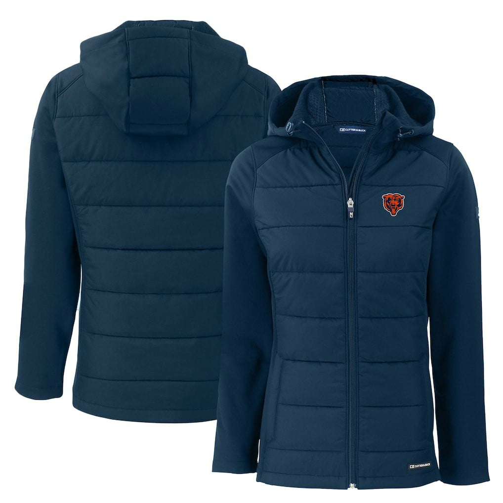 Chicago Bears Cutter & Buck Women's Throwback Evoke Hybrid Eco Softshell Recycled Full-Zip Hoodie Jacket Navy