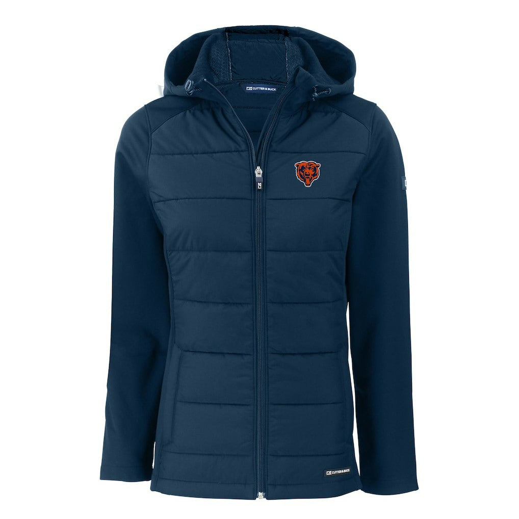 Chicago Bears Cutter & Buck Women's Throwback Evoke Hybrid Eco Softshell Recycled Full-Zip Hoodie Jacket Navy