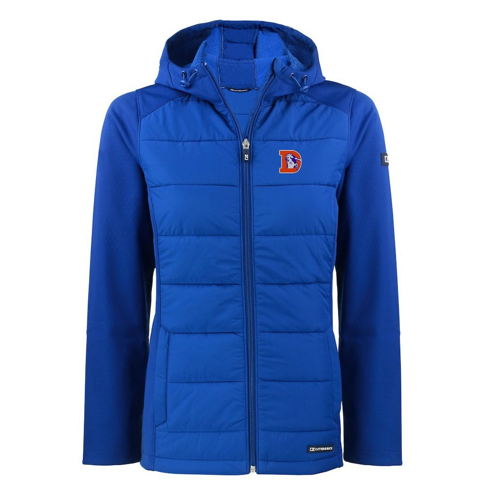 Denver Broncos Cutter & Buck Women's Throwback Evoke Hybrid Eco Softshell Recycled Full-Zip Hoodie Jacket Blue