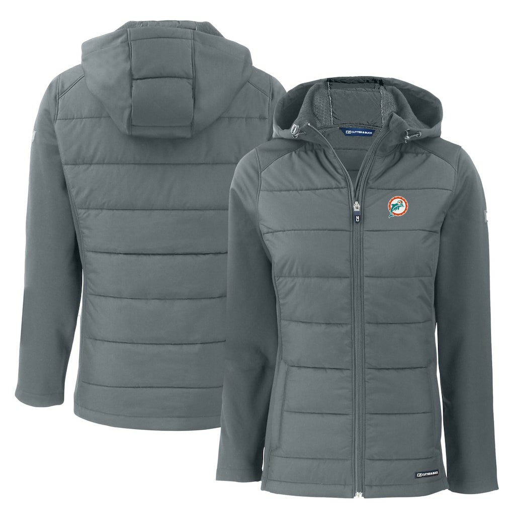 Miami Dolphins Cutter & Buck Women's Throwback Evoke Hybrid Eco Softshell Recycled Full-Zip Hoodie Jacket Gray