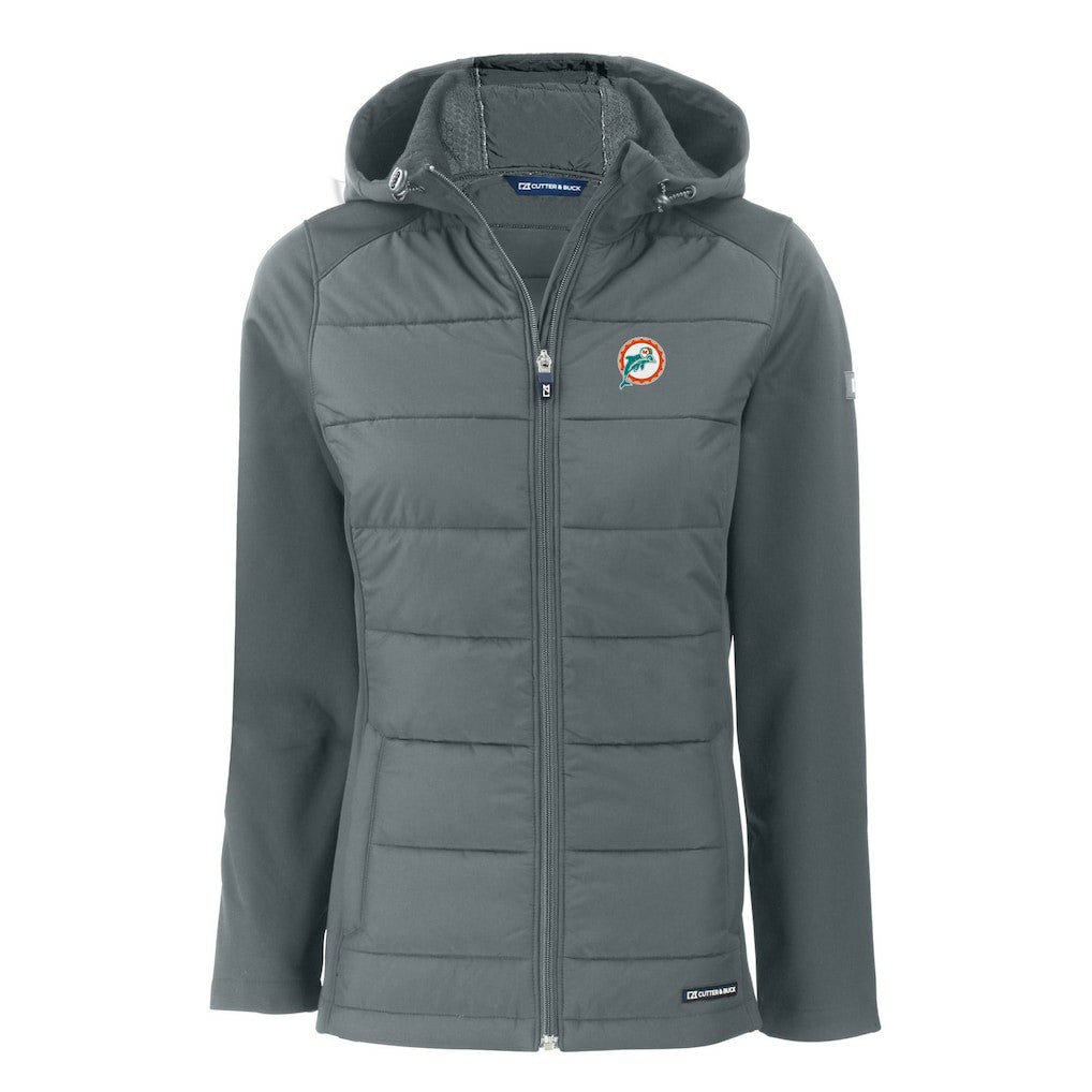 Miami Dolphins Cutter & Buck Women's Throwback Evoke Hybrid Eco Softshell Recycled Full-Zip Hoodie Jacket Gray