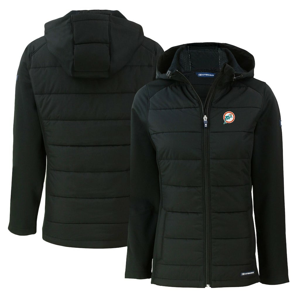 Miami Dolphins Cutter & Buck Women's Throwback Evoke Hybrid Eco Softshell Recycled Full-Zip Hoodie Jacket Black