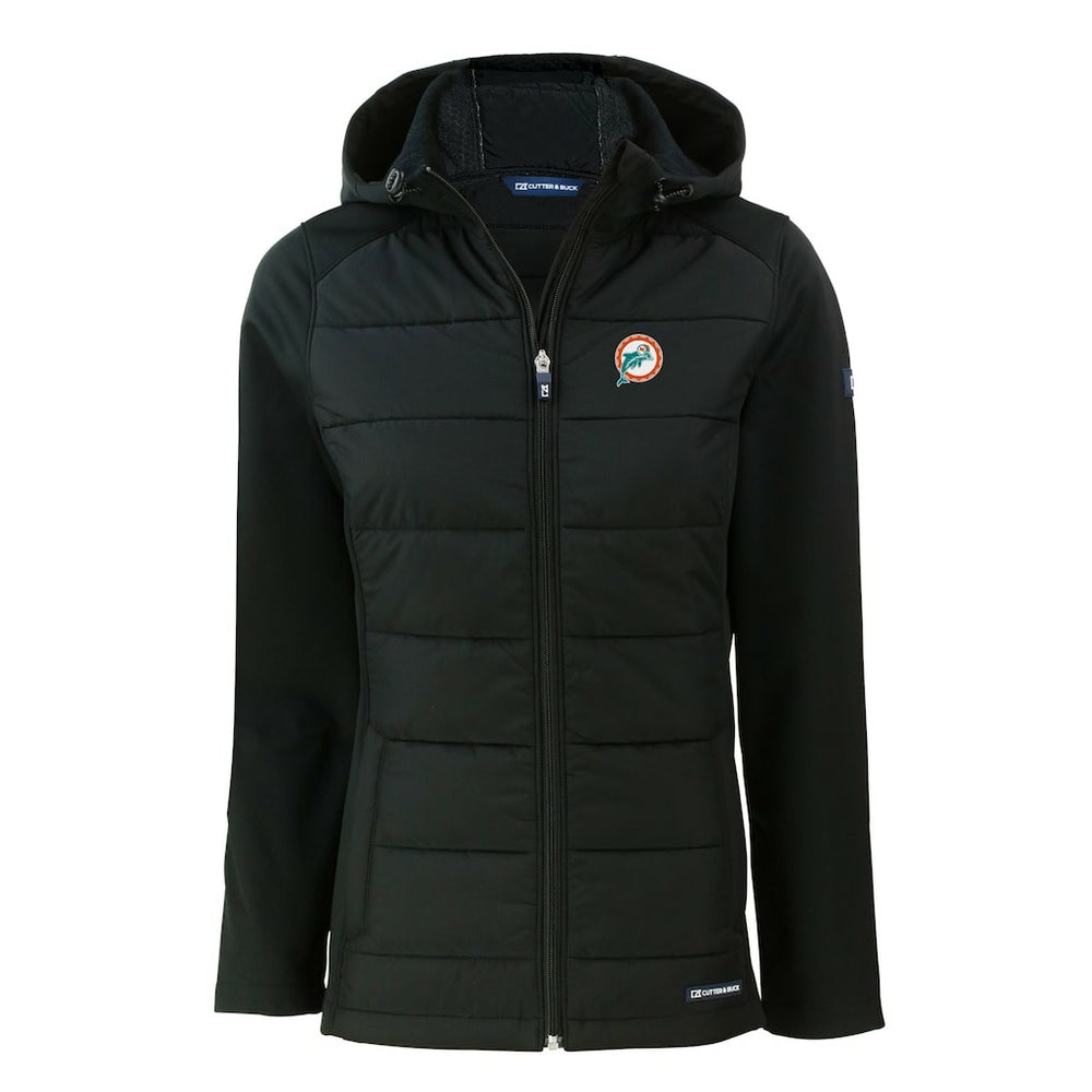 Miami Dolphins Cutter & Buck Women's Throwback Evoke Hybrid Eco Softshell Recycled Full-Zip Hoodie Jacket Black
