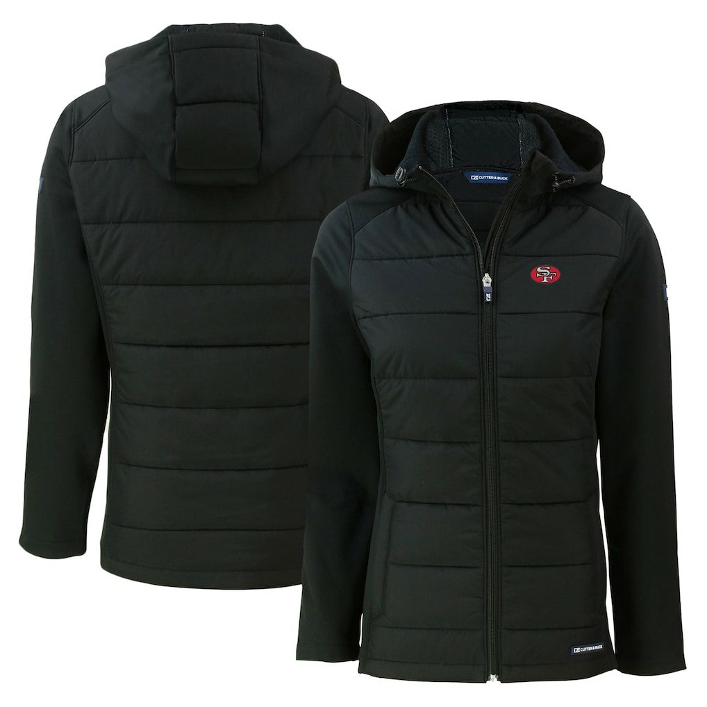 San Francisco 49ers Cutter & Buck Women's Throwback Evoke Hybrid Eco Softshell Recycled Full-Zip Hoodie Jacket Black