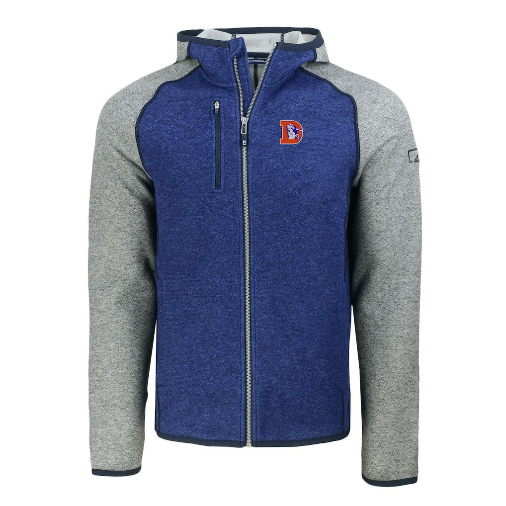 Denver Broncos Cutter & Buck Throwback Mainsail Sweater-Knit Full-Zip Hoodie Royal/Heather Gray