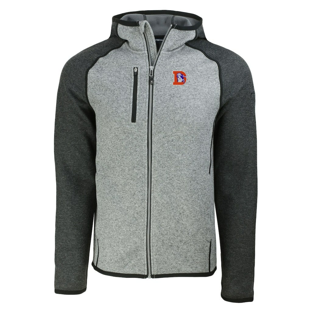 Denver Broncos Cutter & Buck Throwback Mainsail Sweater-Knit Full-Zip Hoodie Heather Gray/Heather Charcoal