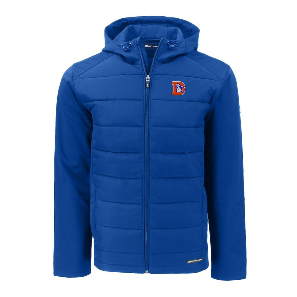 Denver Broncos Cutter & Buck Throwback Evoke Hybrid Eco Softshell Recycled Full-Zip Hoodie Jacket Royal