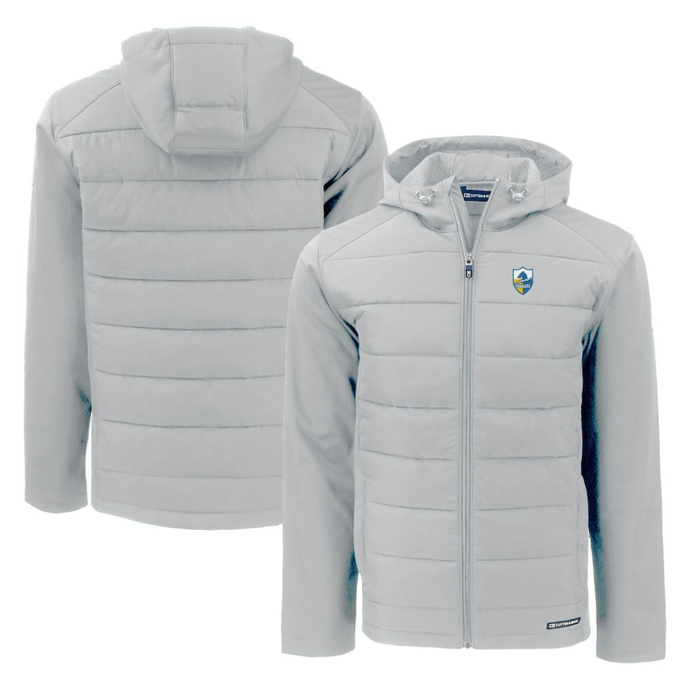Los Angeles Chargers Cutter & Buck Throwback Evoke Hybrid Eco Softshell Recycled Full-Zip Hoodie Jacket Gray