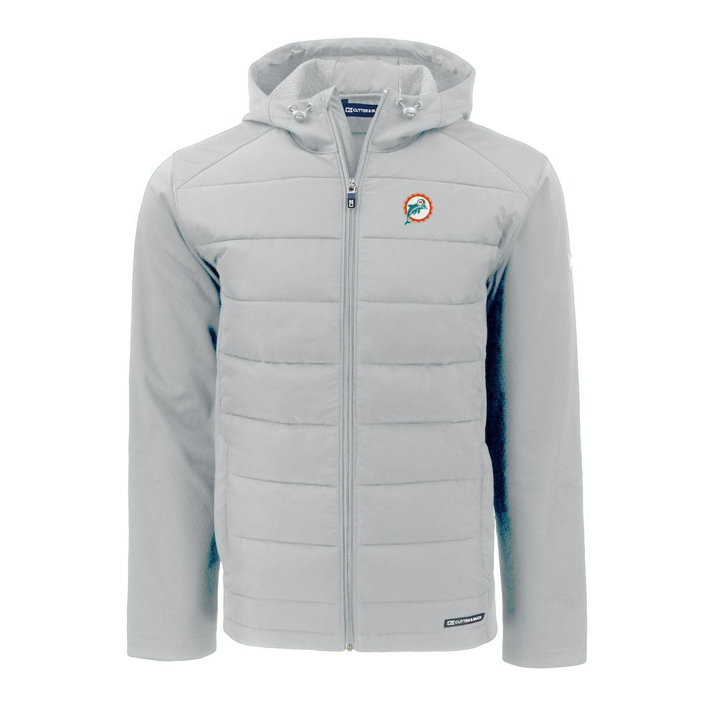 Miami Dolphins Cutter & Buck Throwback Evoke Hybrid Eco Softshell Recycled Full-Zip Hoodie Jacket Gray