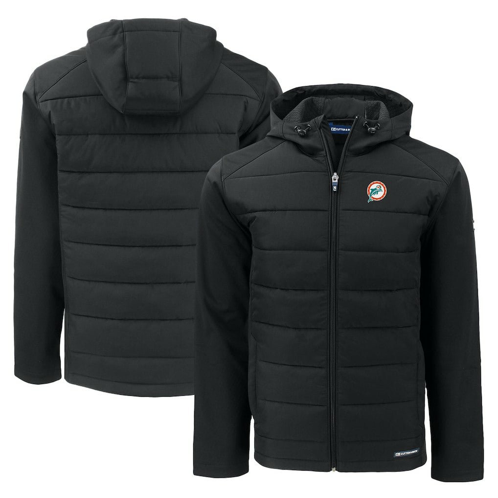 Miami Dolphins Cutter & Buck Throwback Evoke Hybrid Eco Softshell Recycled Full-Zip Hoodie Jacket Black