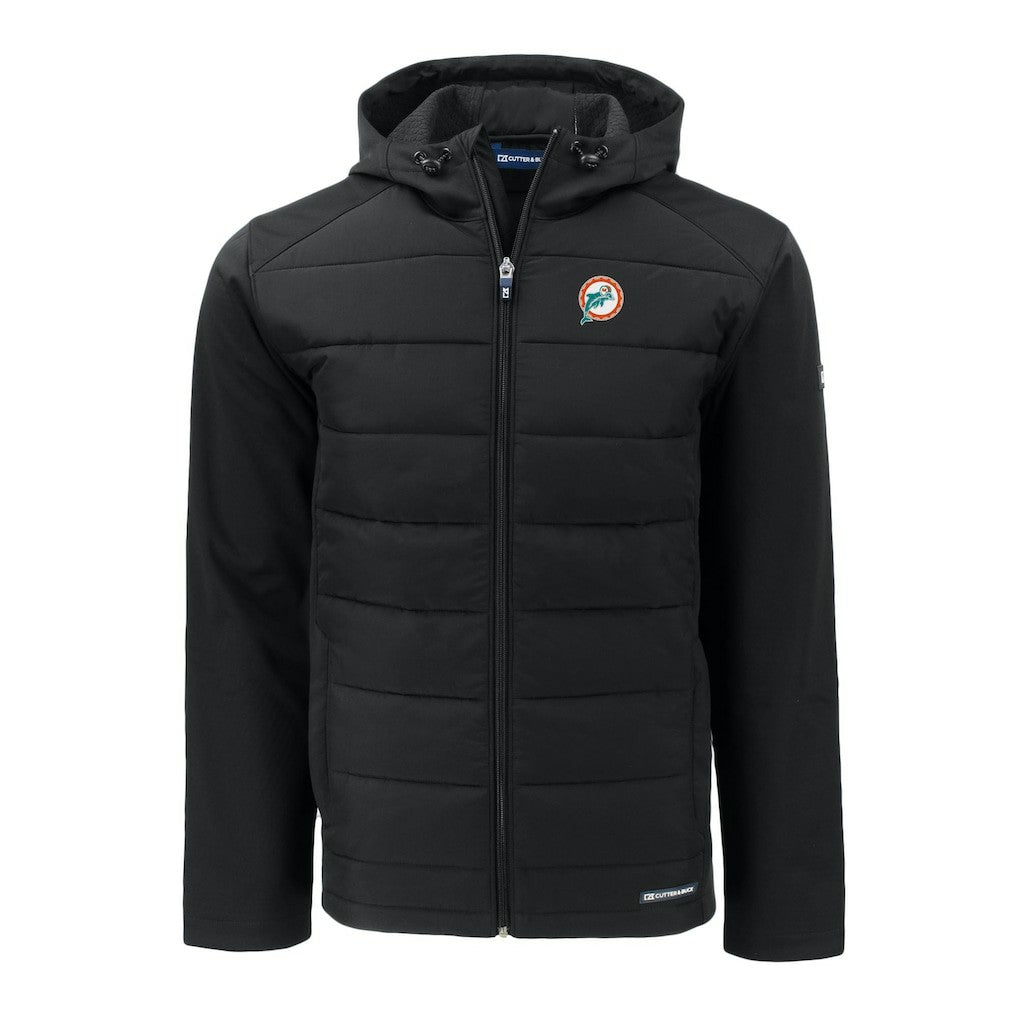 Miami Dolphins Cutter & Buck Throwback Evoke Hybrid Eco Softshell Recycled Full-Zip Hoodie Jacket Black