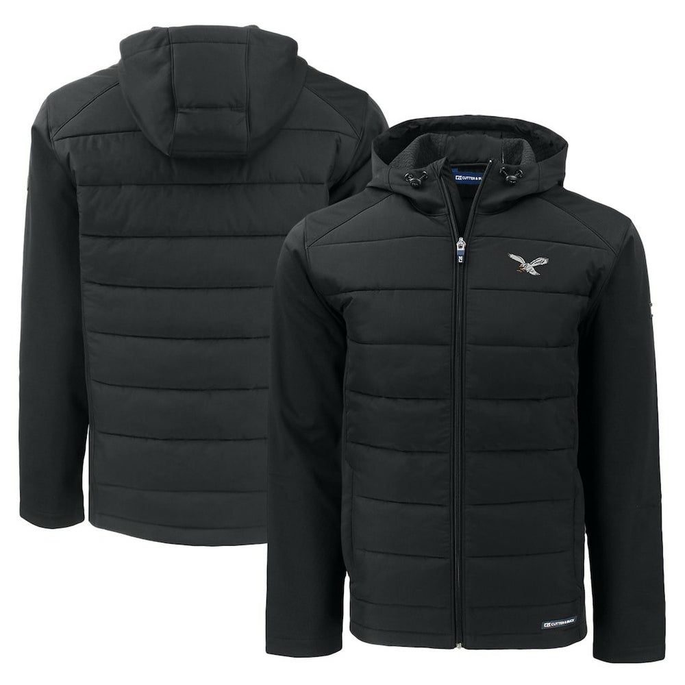 Philadelphia Eagles Cutter & Buck Throwback Evoke Hybrid Eco Softshell Recycled Full-Zip Hoodie Jacket Black