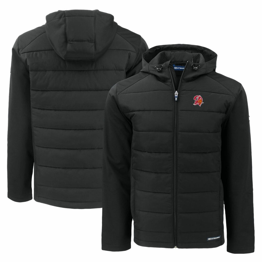 Tampa Bay Buccaneers Cutter & Buck Throwback Evoke Hybrid Eco Softshell Recycled Full-Zip Hoodie Jacket Black