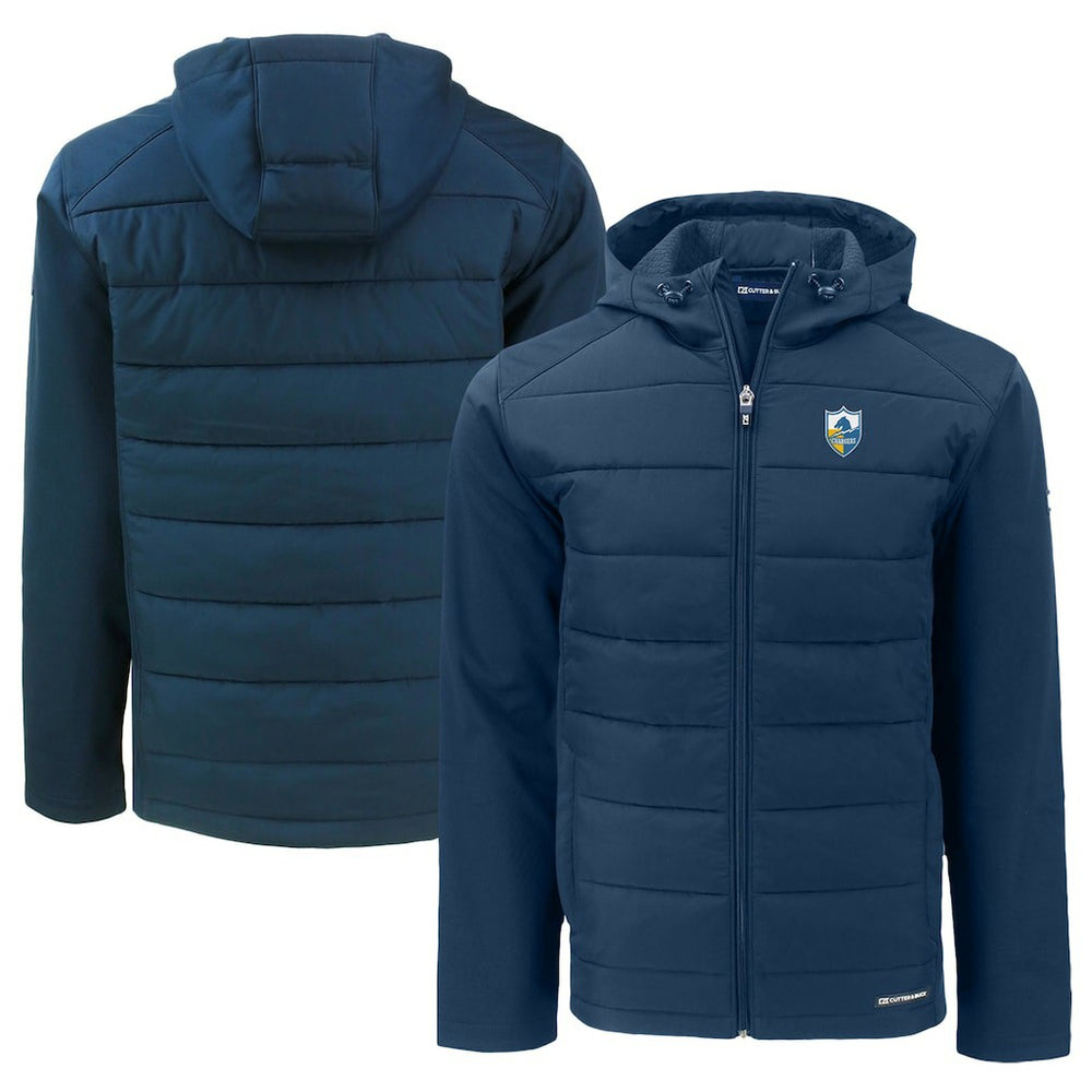 Los Angeles Chargers Cutter & Buck Throwback Big & Tall Evoke Hybrid Eco Softshell Recycled Full-Zip Hoodie Navy