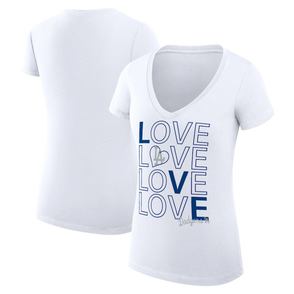 Los Angeles Dodgers G-III 4Her by Carl Banks Women's Super-Slim Fit Lightweight Love Graphic Team V-Neck T-Shirt - White T-shirts