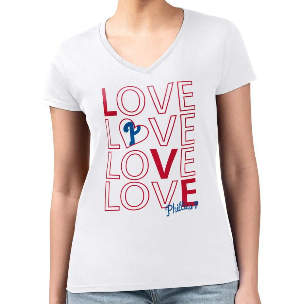 Philadelphia Phillies G-III 4Her by Carl Banks Women's Super-Slim Fit Lightweight Love Graphic Team V-Neck T-Shirt - White T-shirts