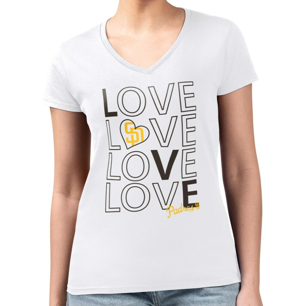 San Diego Padres G-III 4Her by Carl Banks Women's Super-Slim Fit Lightweight Love Graphic Team V-Neck T-Shirt - White T-shirts