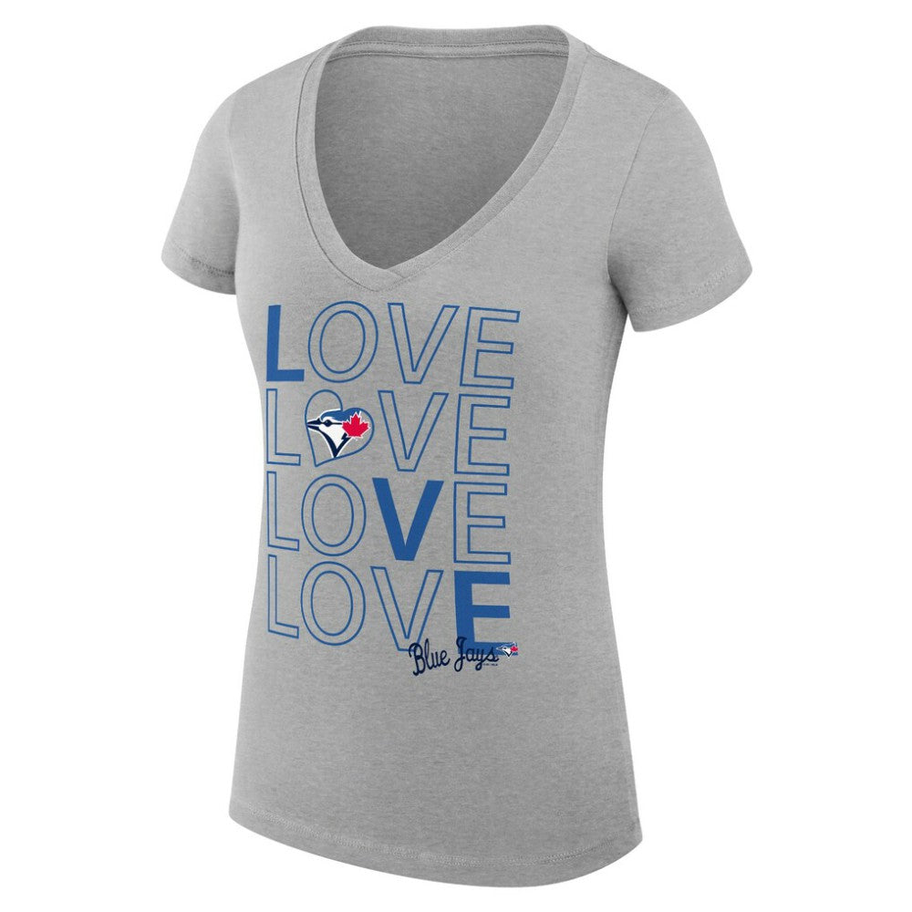 Toronto Blue Jays G-III 4Her by Carl Banks Women's Super-Slim Fit Lightweight Love Graphic Team V-Neck T-Shirt - Heather Gray T-shirts