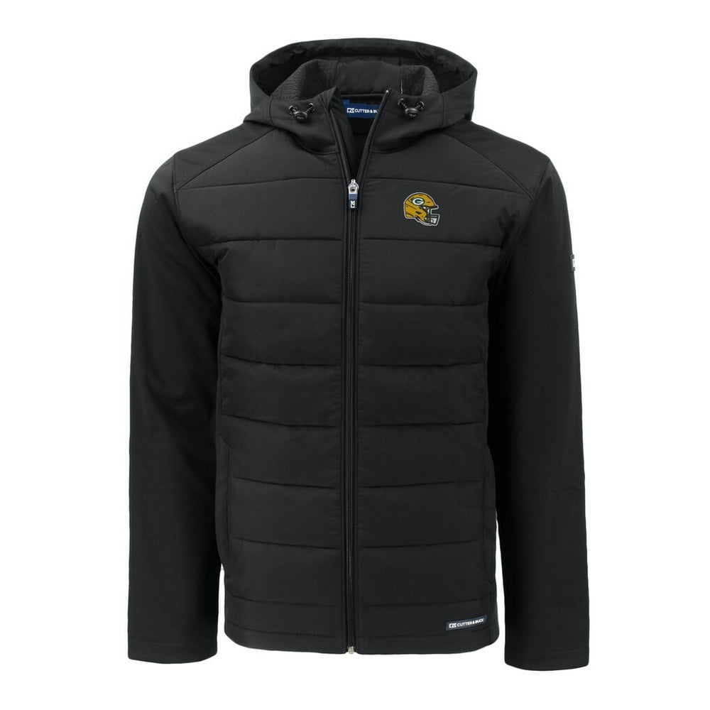 Green Bay Packers Cutter & Buck Helmet Evoke Hybrid Eco Softshell Recycled Full-Zip Hoodie Jacket Black