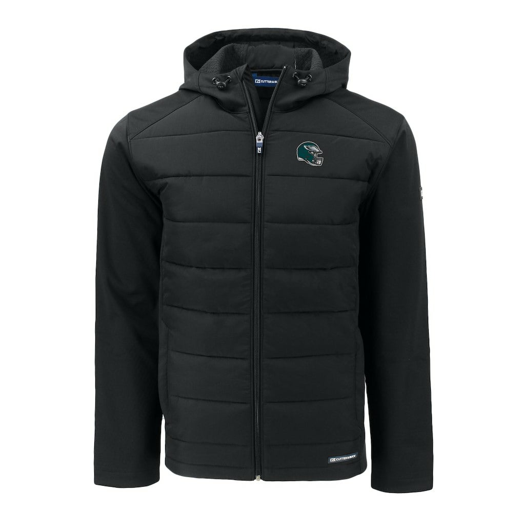 Philadelphia Eagles Cutter & Buck Helmet Evoke Hybrid Eco Softshell Recycled Full-Zip Hoodie Jacket Black