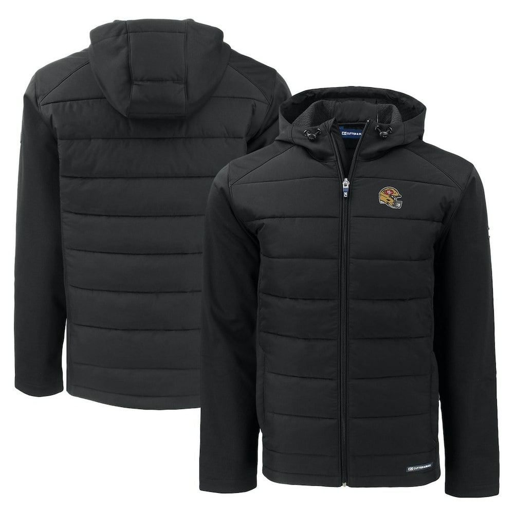 San Francisco 49ers Cutter & Buck Helmet Evoke Hybrid Eco Softshell Recycled Full-Zip Hoodie Jacket Black