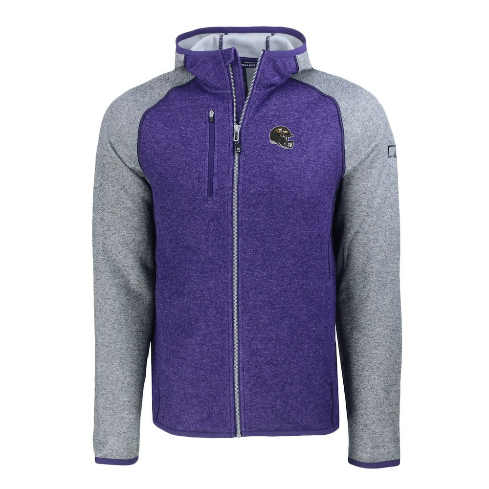 Baltimore Ravens Cutter & Buck Helmet Mainsail Sweater-Knit Full-Zip Hoodie Heather Purple/Heather Gray