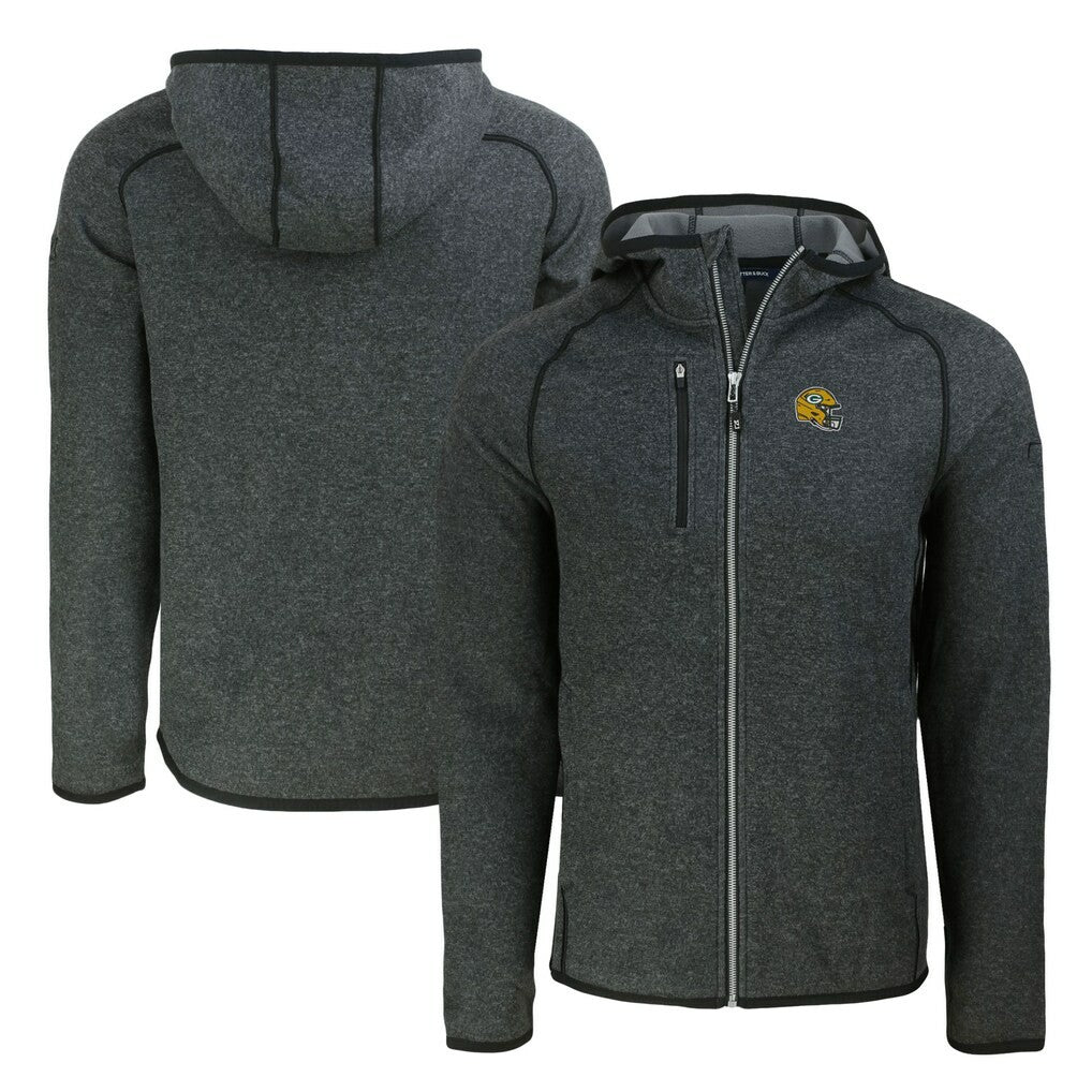 Green Bay Packers Cutter & Buck Helmet Mainsail Sweater-Knit Full-Zip Hoodie Heather Charcoal