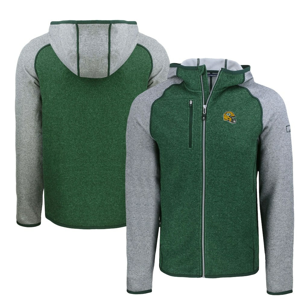 Green Bay Packers Cutter & Buck Helmet Mainsail Sweater-Knit Full-Zip Hoodie Heather Green/Heather Gray