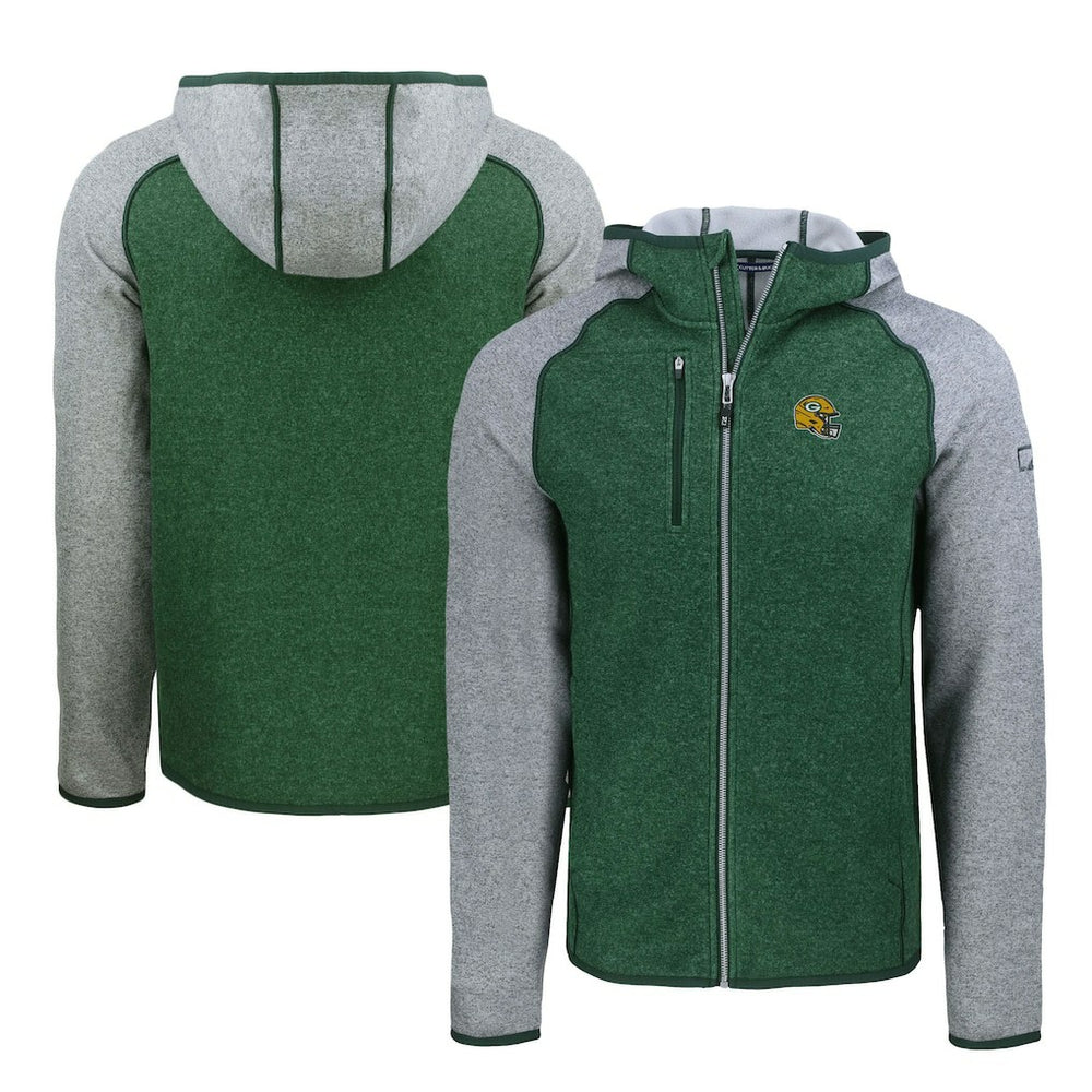 Green Bay Packers Cutter & Buck Helmet Mainsail Sweater-Knit Full-Zip Hoodie Heather Green/Heather Gray
