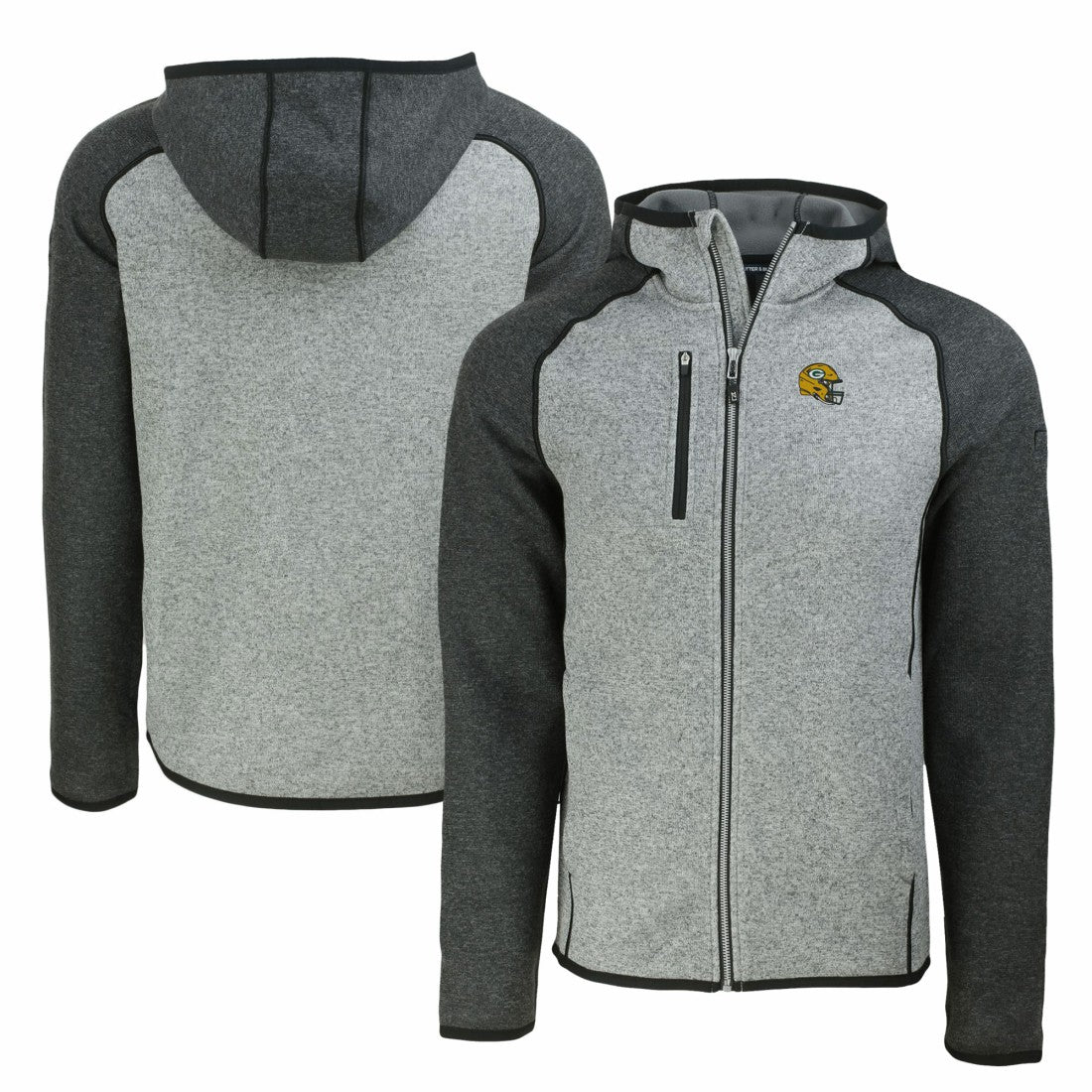 Green Bay Packers Cutter & Buck Helmet Mainsail Sweater-Knit Full-Zip Hoodie Heather Gray/Heather Charcoal
