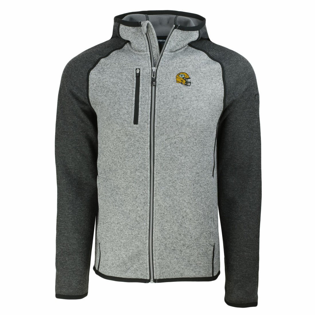 Green Bay Packers Cutter & Buck Helmet Mainsail Sweater-Knit Full-Zip Hoodie Heather Gray/Heather Charcoal