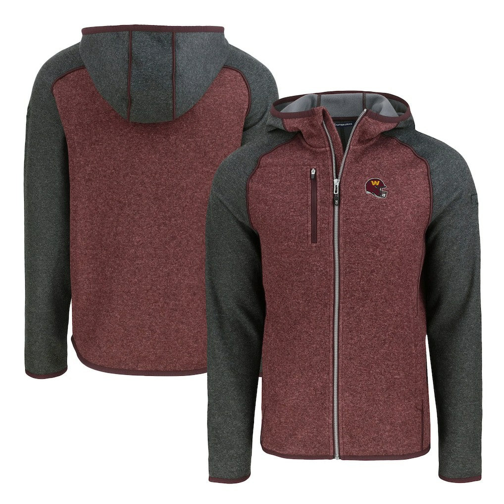 Washington Commanders Cutter & Buck Helmet Mainsail Sweater-Knit Full-Zip Hoodie Burgundy/Heather Charcoal
