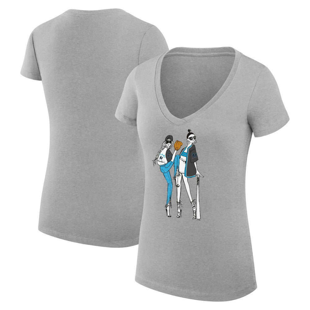 Miami Marlins G-III 4Her by Carl Banks Women's Super-Slim Fit Lightweight Baseball V-Neck T-Shirt - Heather Gray T-shirts