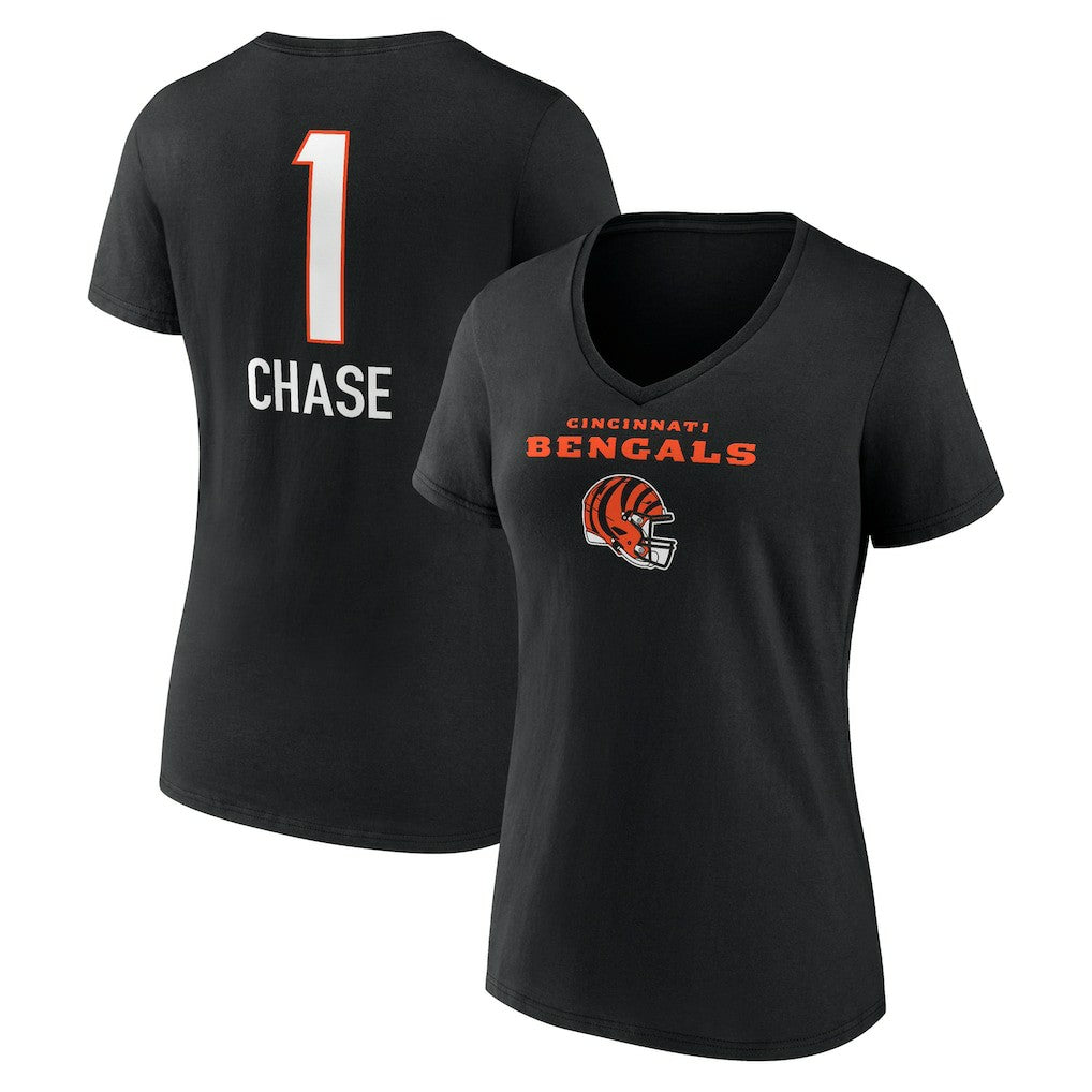 Ja'Marr Chase Cincinnati Bengals Women's Team Wordmark Player Name & Number V-Neck T-Shirt Black